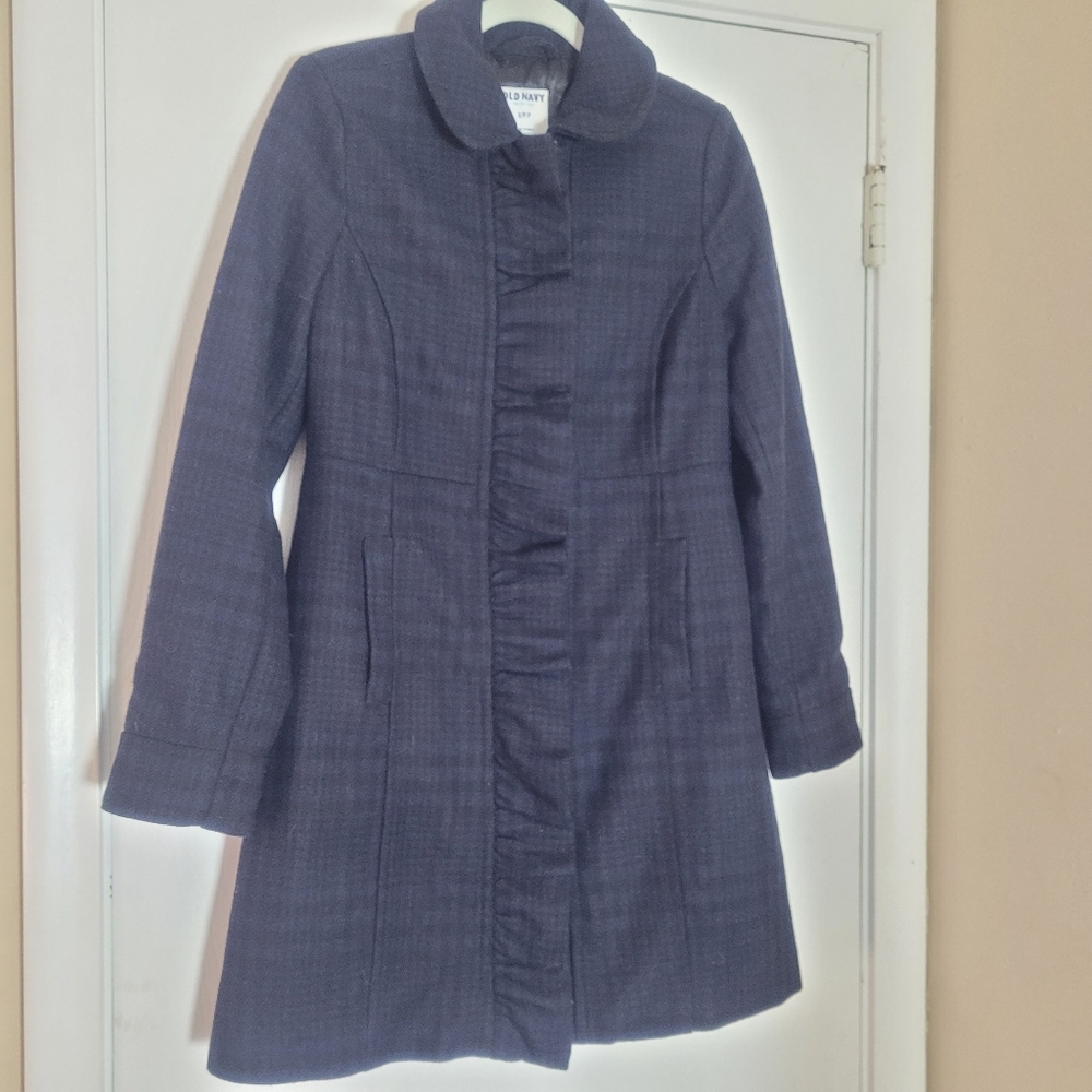 Classy Old Navy Ruffle Dress Coat – Navy & Black Plaid